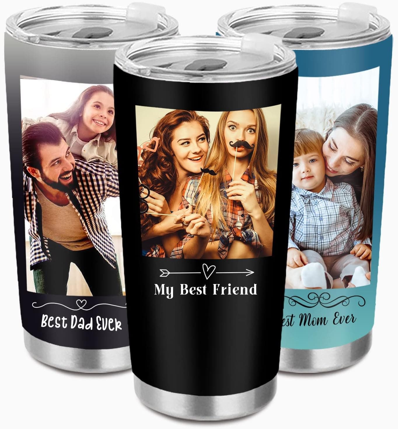 YESCUSTOM Personalized Photo Tumbler with Handle for Dad Mom Families, Double Side Print Stainless Steel Travel Mug Insulated, Custom Image & Text on Coffee Cup, Birthday Father's Day Christmas Gift
