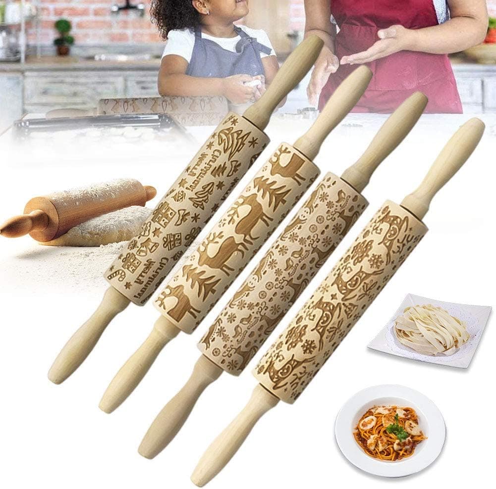 Christmas Wooden Rolling Pins with 3D Engraved Christmas Themed Symbols Embossed for Kids and Adults to Make Cookie Dough Kitchen Baking Tool,Beech Wood for Baking Pizza,Clay,pasta, Cookies 3+1PACK