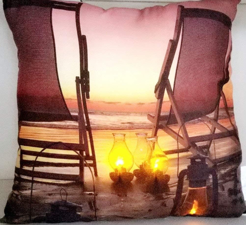 Northlight LED Lighted Sunset Beach Relaxation with Lanterns Pillow 17"X17"