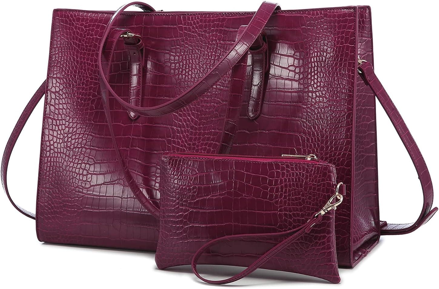 LOVEVOOK Laptop Bag for Women Water Resistant Crocodile Pattern Handbag Women Work Briefcase Large Capacity Classic Stylish Office Tote Bag Shoulder Bag,15.6-inch, Dark Wine Red