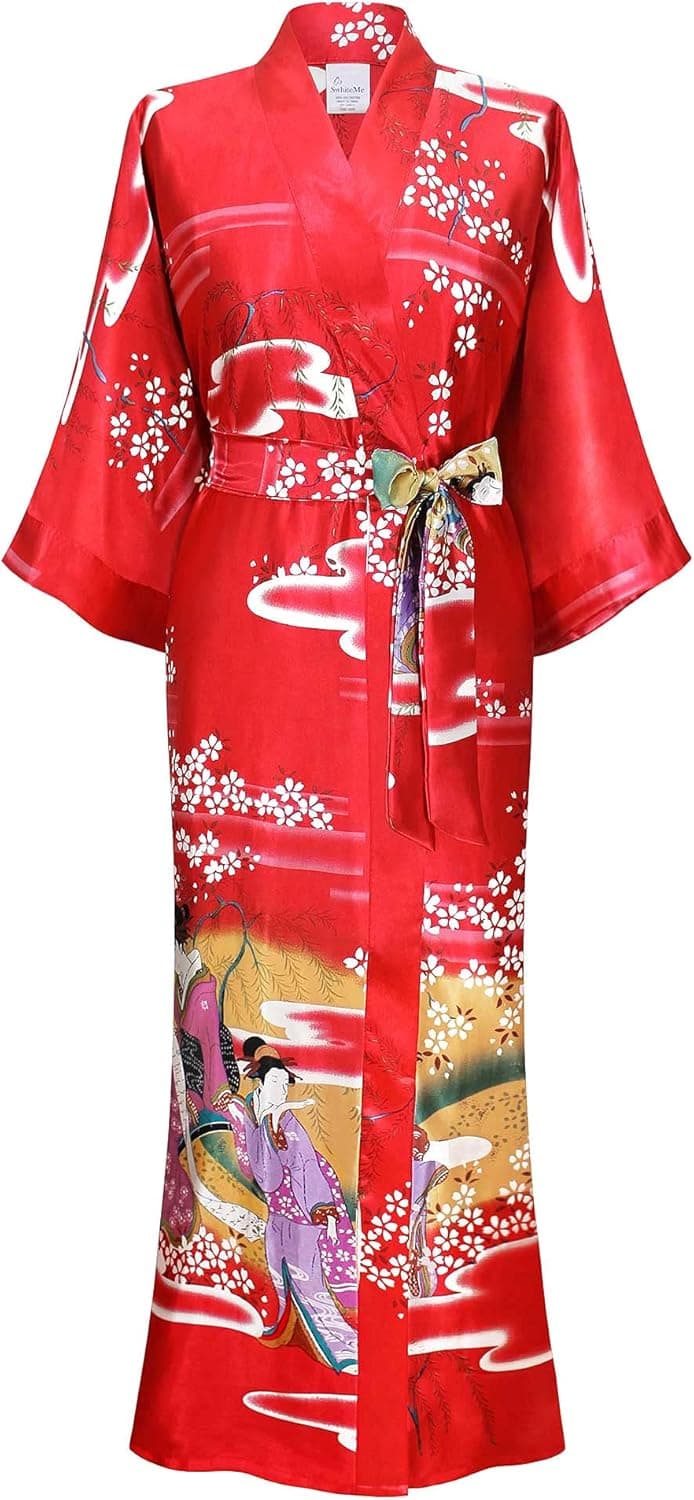Swhiteme Women's Kimono Robe Long Satin Bathrobe Loungewear Sleepwear