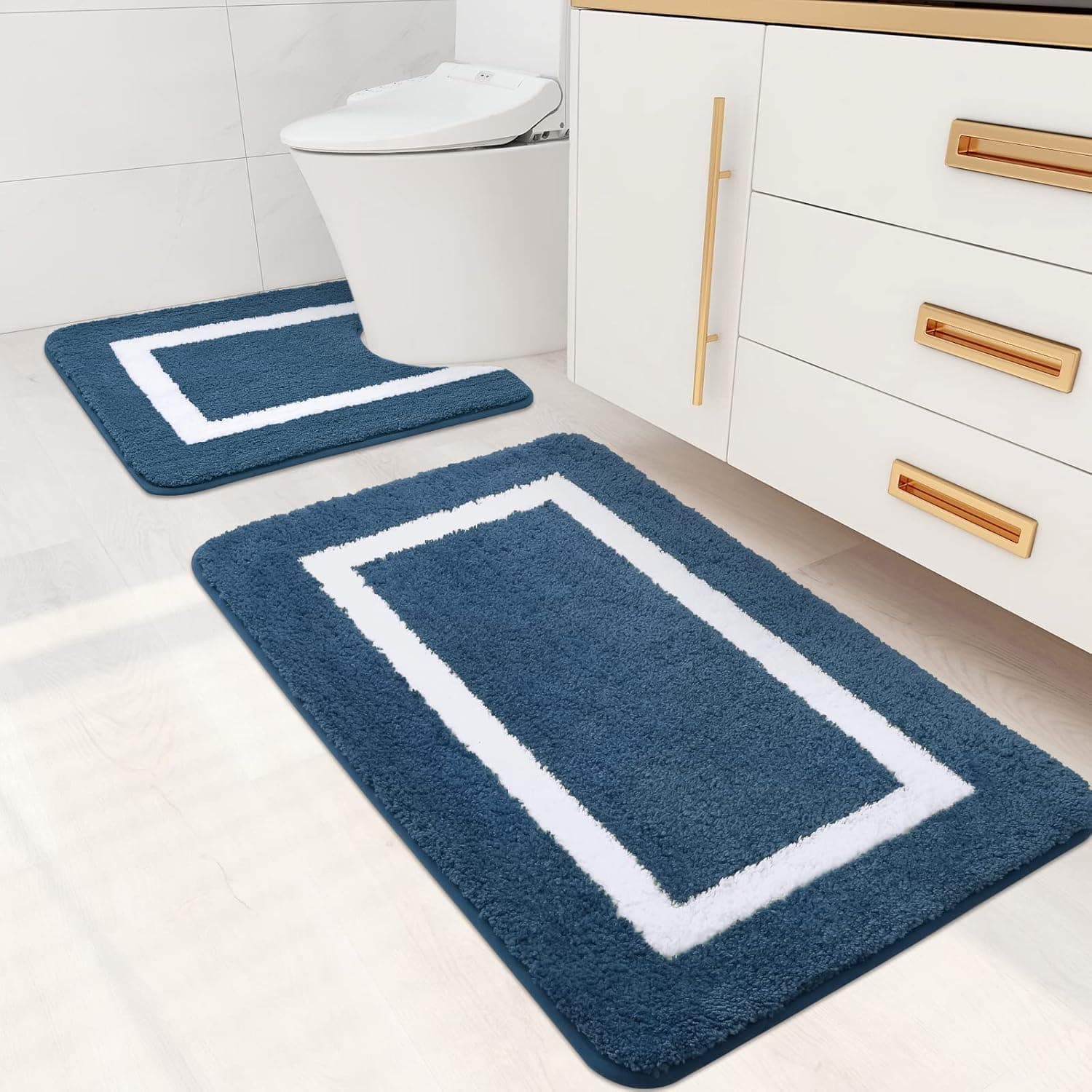 Kitinjoy Bathroom Rugs Set 2 Pieces Soft Microfiber Bath Mat and U-Shaped Toilet Rug, Machine Wash Dry, Non Slip Absorbent Shaggy Bath Rug for Tub, Shower, Bath Room (24" x 20"+32" x 20", Navy Blue)