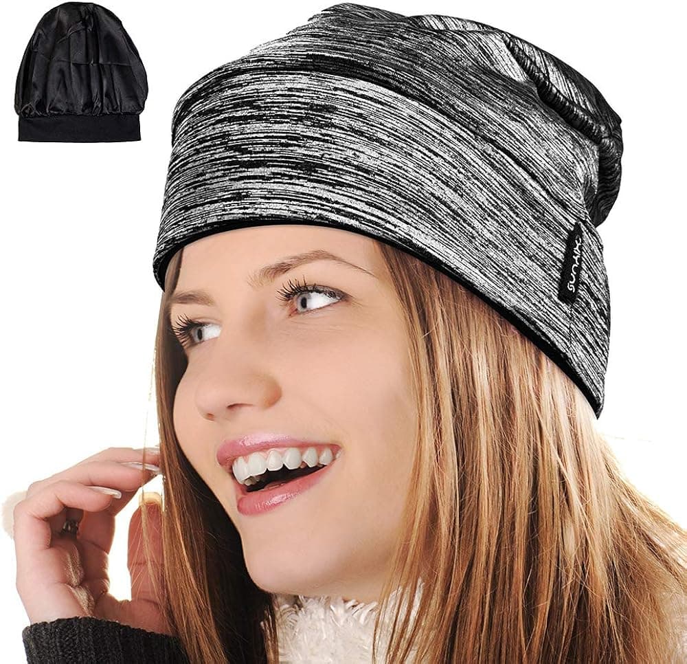 Satin Lined Hair Sleep Cap Bonnet Cover Non-Slip Stretchable Silk for Women Men (Gray)