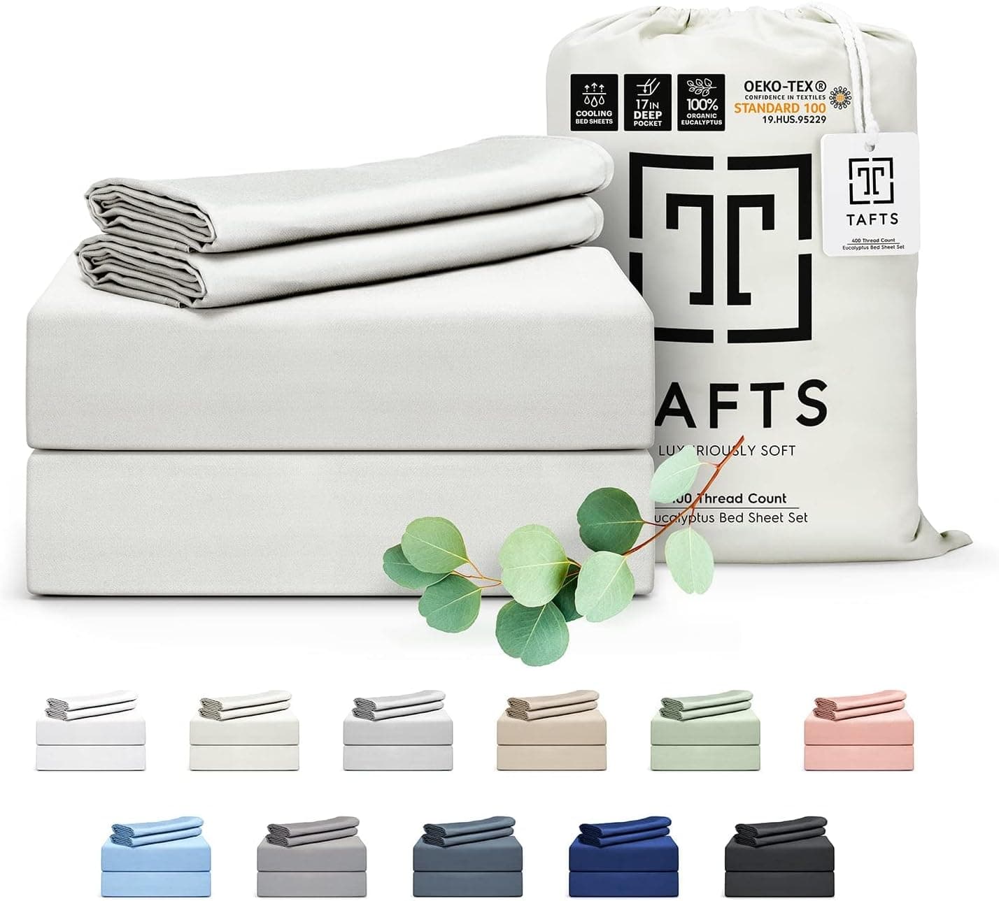 Tafts Eucalyptus Sheets California King Size Bed Sheets - 100% Organic Eucalyptus, 400TC Eucalyptus Bed Sheets, 4 Piece Set, 17” Deep Pockets, Silk Feel, Cooling, Double Stitched (Ivory White)