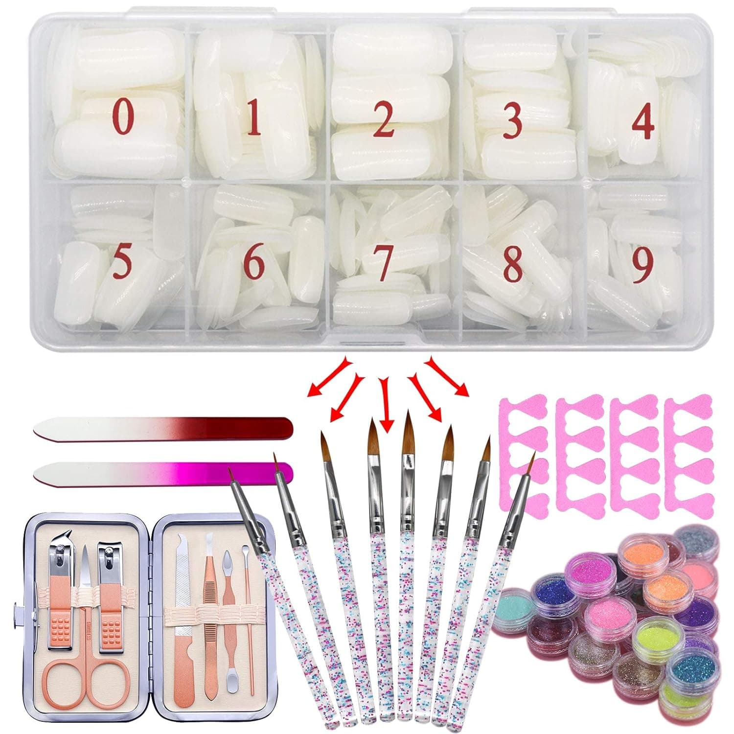 RedFlow Acrylic False Nail Tips Kit,500 Acrylic Nails 8 Acrylic Nail Brush 2 Separators 1 Nail Kit 2 Nail Files 24 Acrylic Nail Powder,Acrylic Nail Kit Set Professional Acrylic With Everything