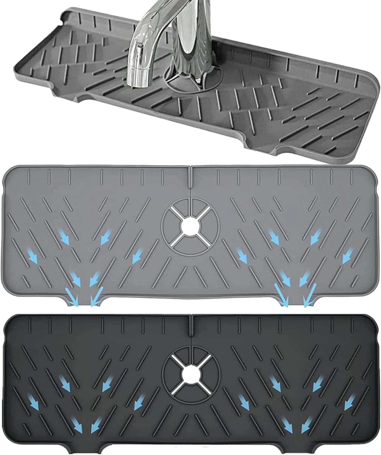 Silicone Sink Faucet Mat for Kitchen Sink Splash Guard, Bathroom Faucet Water Catcher Mat, Sink Draining Pad Behind Faucet, Drip Protector Splash Countertop Protection Rubber Drying Pad (Black+Gary)
