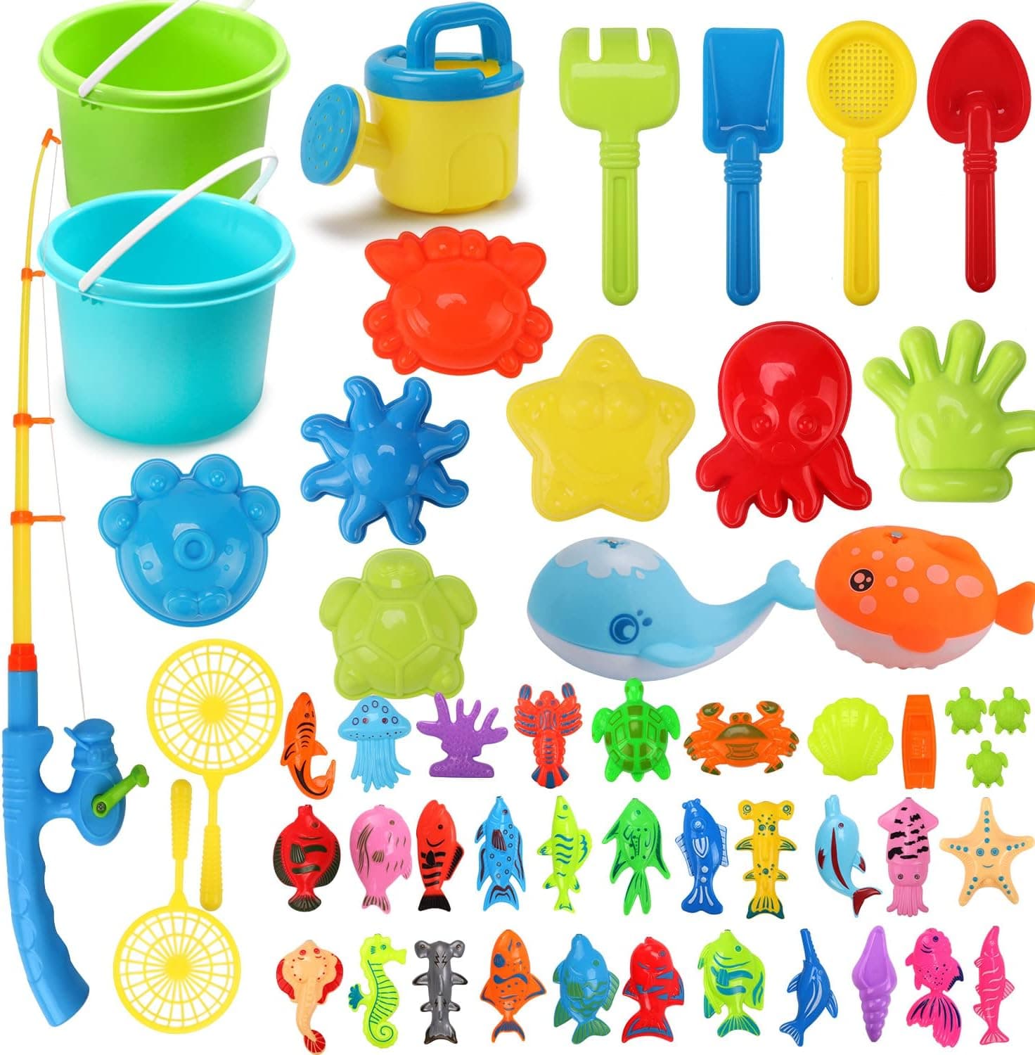 Qizebaby 51PCS 2-in-1 Beach Sand Toys & Magnetic Fishing Game Set for Kids, Summer Beach Sandbox Toys Set for Boys Girls, Sand and Water Toy for 3 4 5 6+ Year Old, Toddlers Outdoor Fishing Bath Toy