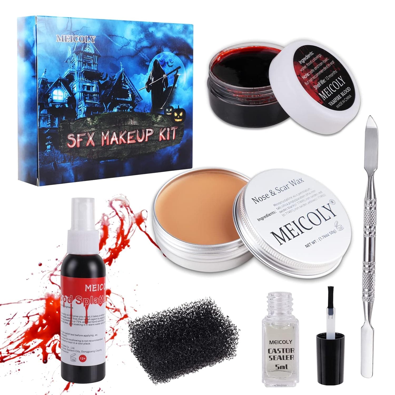 MEICOLY SFX Makeup Kit Scars Wax, Fake Blood Spray(2.1Oz) Halloween Special Effects Wound Modeling Skin Wax(1.67Oz) with Spatula, Black Stipple Sponge, Coagulated Blood Gel(1.06Oz),5ml Castor Sealer,02
