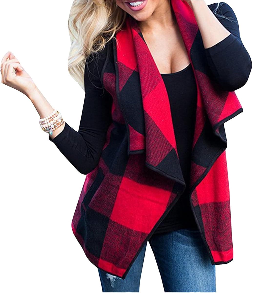 FOXRED Women's Turn-Down Collar Casual Slash Hem Plaid Sleeveless Open Front Cardigan Vest with Pocket (S-2XL)