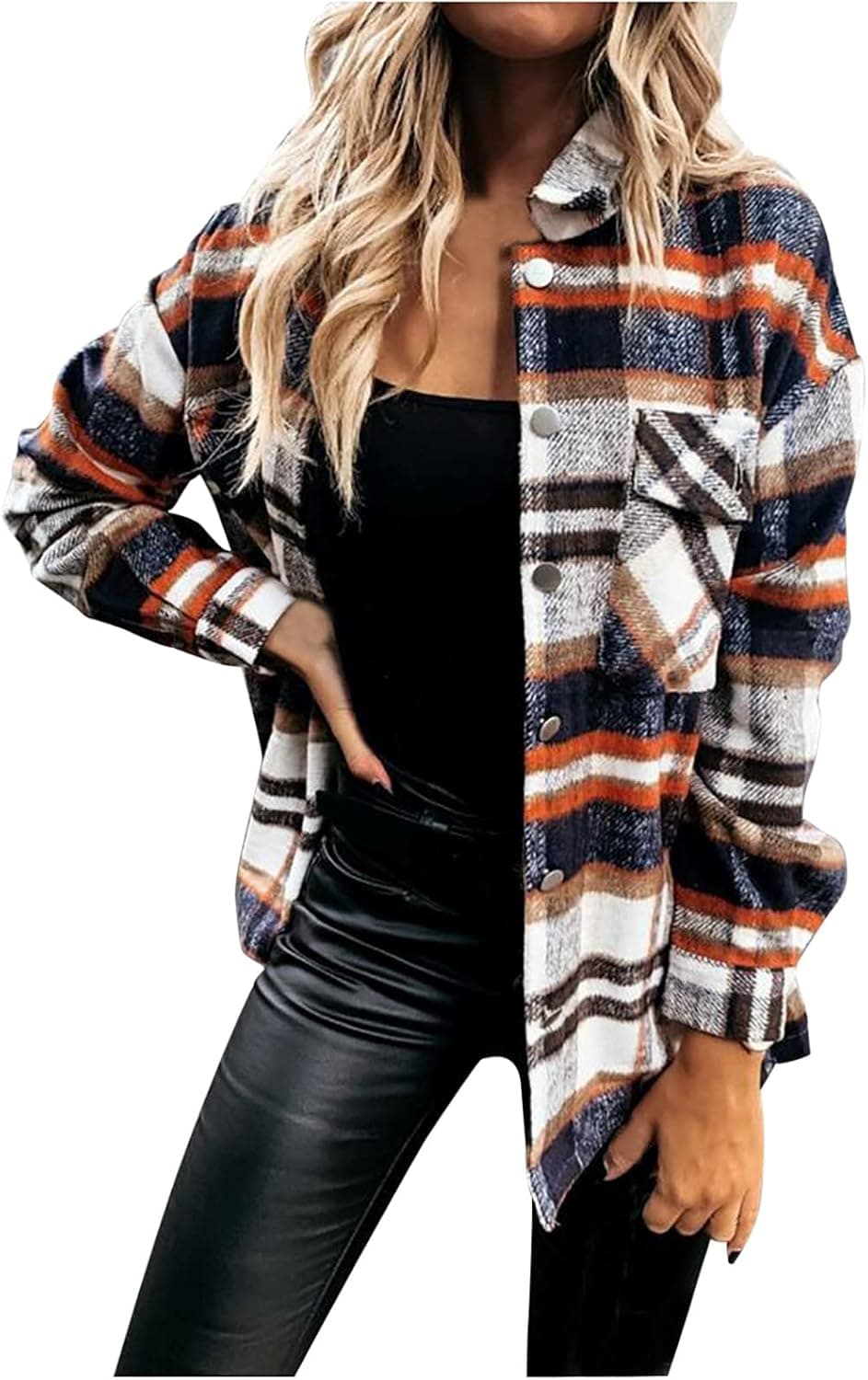 Womens Shacket Jackets with Pockets Fall Plaid Printed Long Sleeve Coat Button Up Flannel Jacket Tunic Blouses