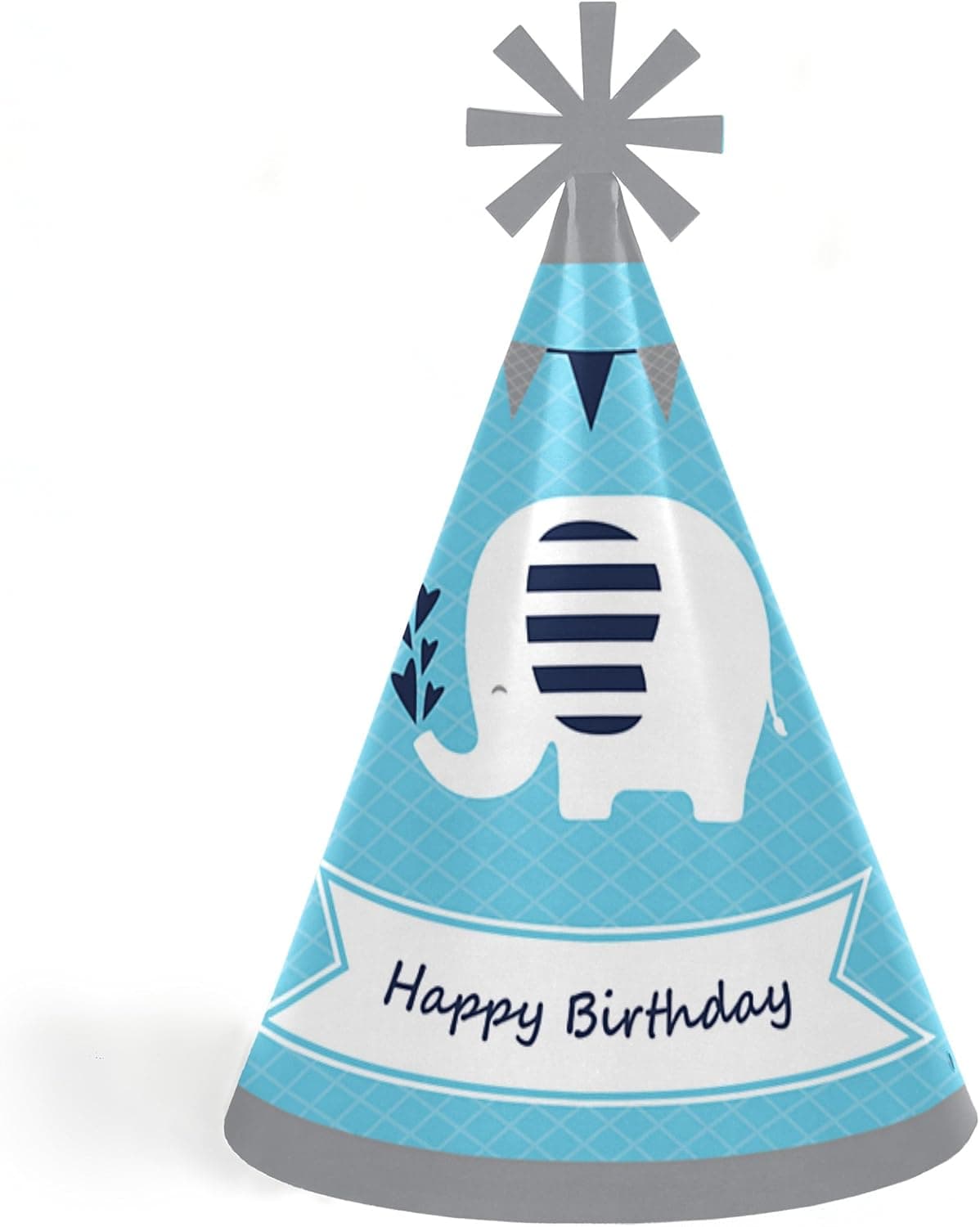 Blue Elephant - Cone Happy Birthday Party Hats for Kids and Adults - Set of 8 (Standard Size)
