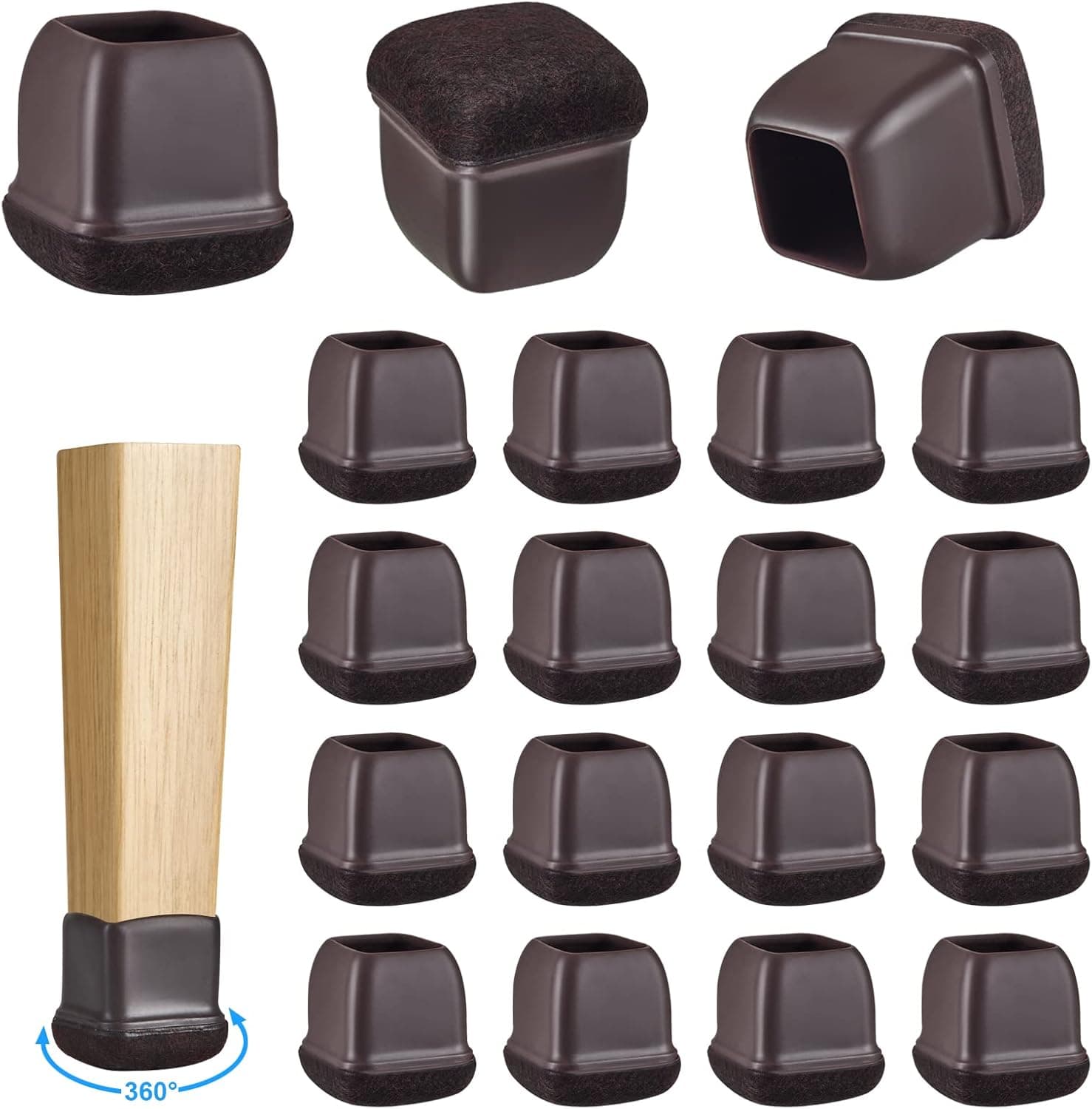 16 Pack Chair Leg Floor Protectors for Hardwood Floors, Rubber Furniture Sliders, 360°Felt Pad Bottom Wrapped Thickening Silicone Furniture Legs Caps Covers (Square, Walnut-M)