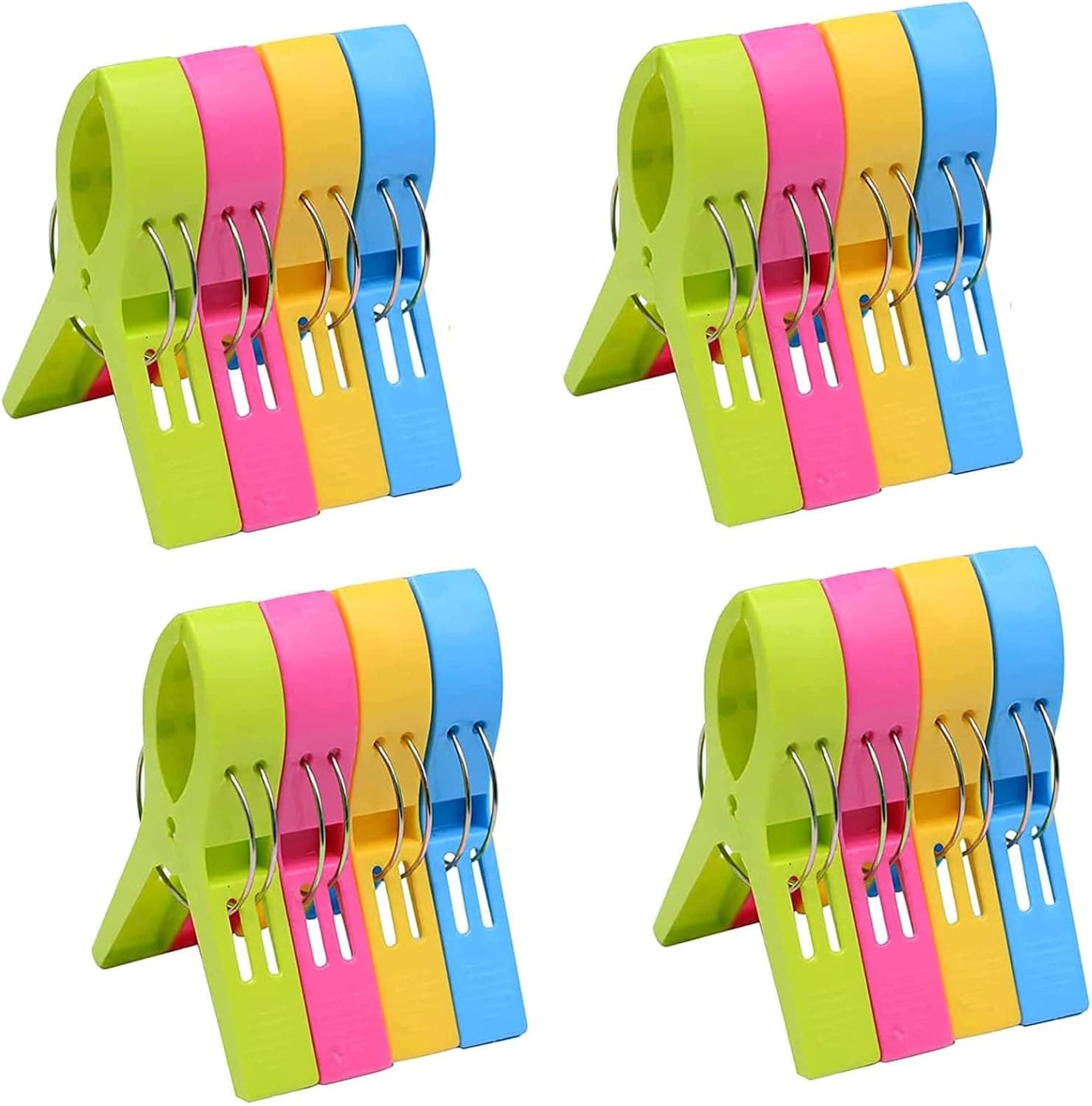 Beach Towel Clips for Beach Chairs, 16 Pcs 4.7 Inch 4 Colour Plastic Large Clothespin Towel Clips for Chairs, Beach Accessories for Vacation Must Haves (Blue, Green, Yellow, Hot Pink 16pcs 4.7'')