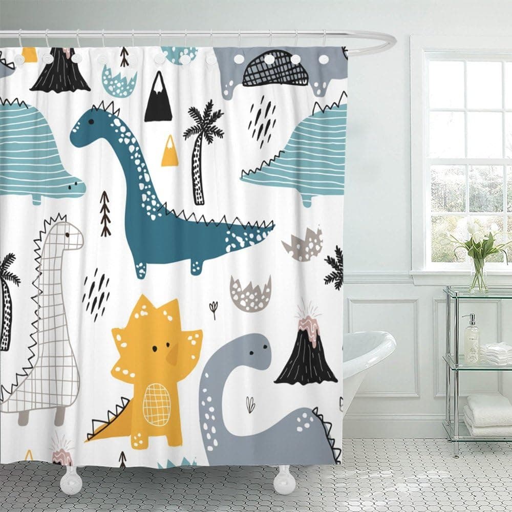 Emvency Shower Curtain Print 66x72 Black Dinosaur Childish with Dino in Scandinavian Style Creative White Abstract Doodle Baby Brush for Bathroom