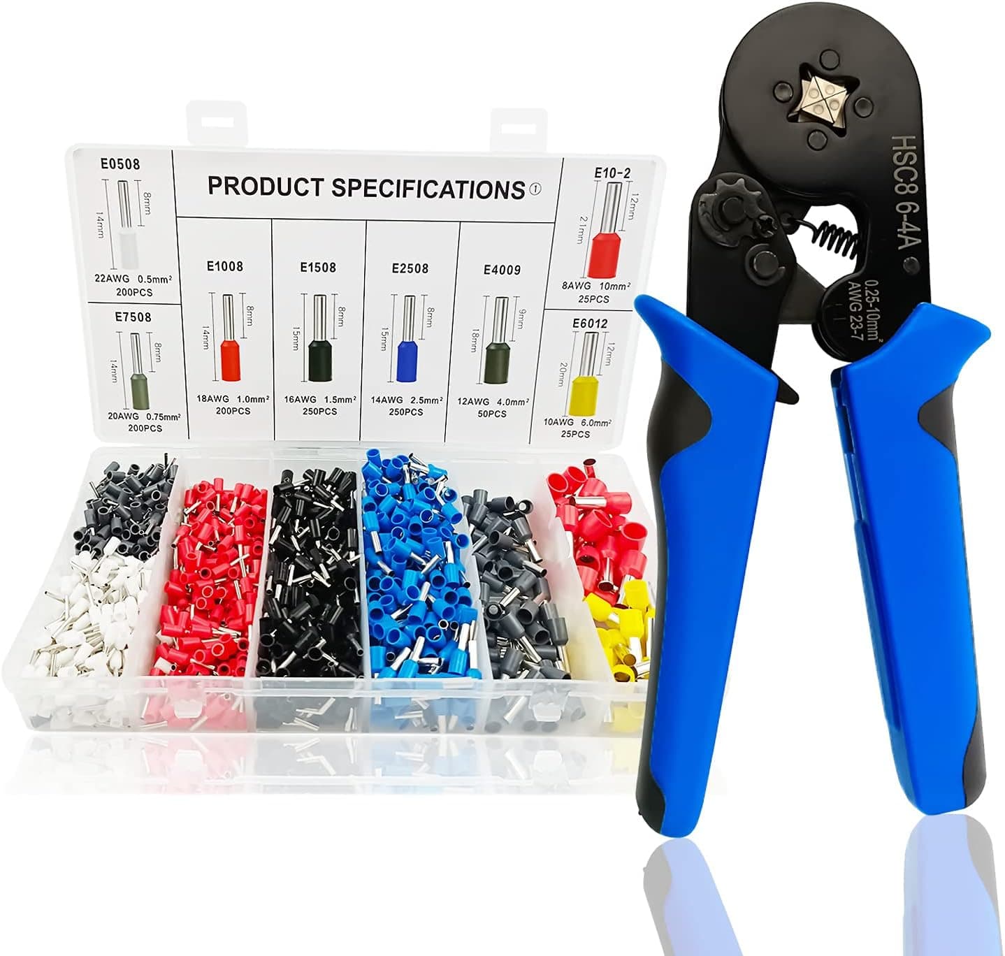 Wire Terminals Crimping Connectors Wire End Ferrules Kits, 1200 Pieces Crimper Plier Kit Self-Adjustable Crimping Tools AWG23-7 Square Assortment Ferrule Wire Crimp Pin Wire Ends Terminals (Blue)