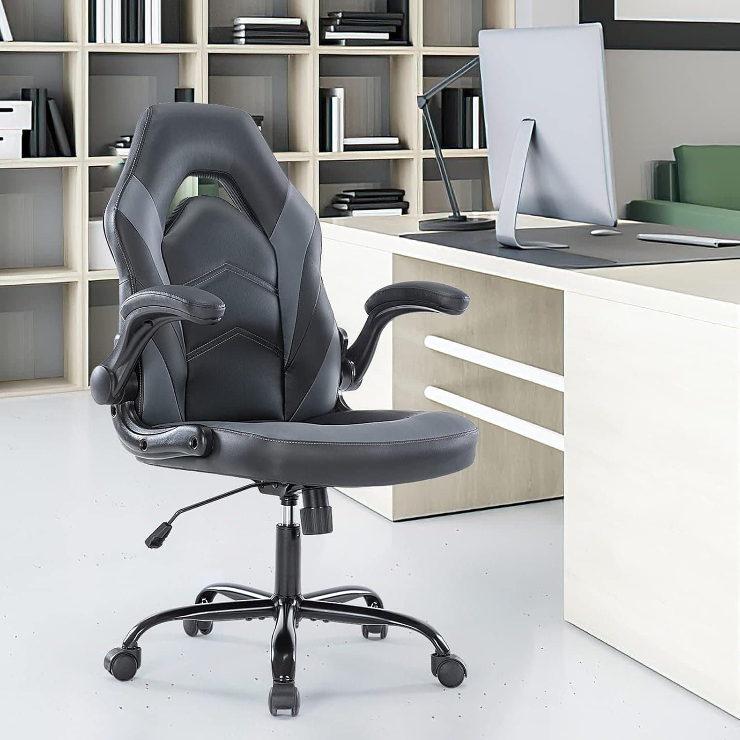 Sweetcrispy Gaming Desk Ergonomic Home Office Computer PU Leather Executive Task Chairs with Flip Up Arms, Lumbar Support, Wheels and 360° Swivel, Rocking for Adults, Cool Black