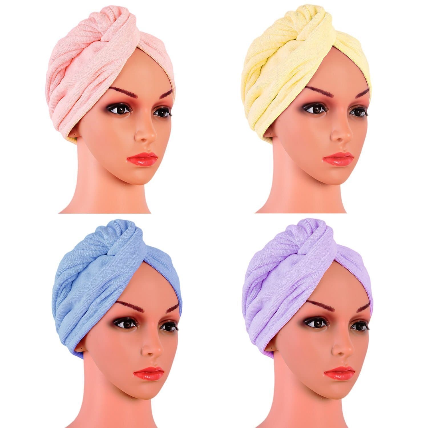 4 Pack Microfiber Hair Drying Towels, Fast Drying Hair Cap, Long Hair Wrap,Absorbent Twist Turban(Pink, Yellow, Blue, Purple)