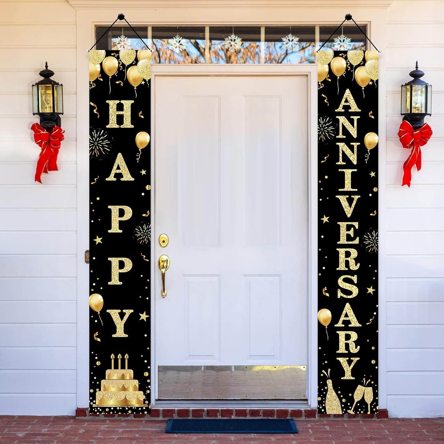 Wedding Anniversary Decorations Door Banner Decor, Black Gold Happy Anniversary Banner Sign Party Supplies, Anniversary Party Welcome Porch Door Decor for Outdoor