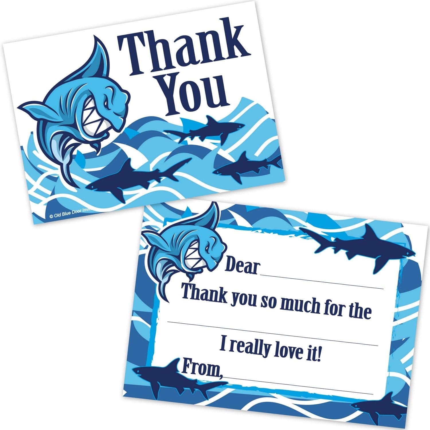 Old Blue Door Invites Shark Kids Fill In Thank You Cards for Boys - Summer Ocean Aquatic Pool Party Birthday Thanks (20 Count with Envelopes)