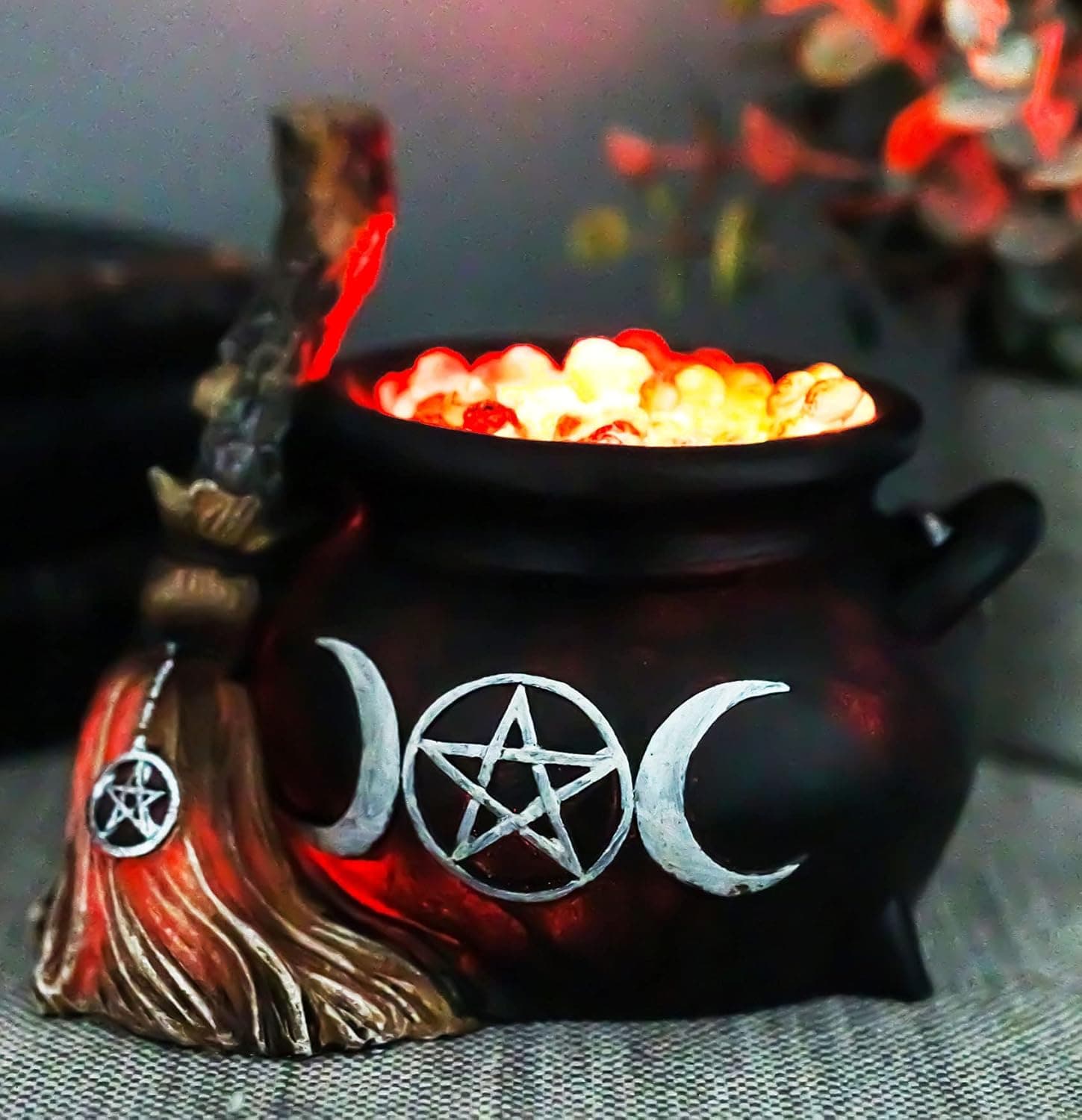 Ebros Gift Wicca Triple Moon Symbol with Pentagram Star Hocus Pocus Cauldron and Magical Broomstick with Colorful LED Night Light Feature Feminine Goddess Occult Wiccan Halloween Accent