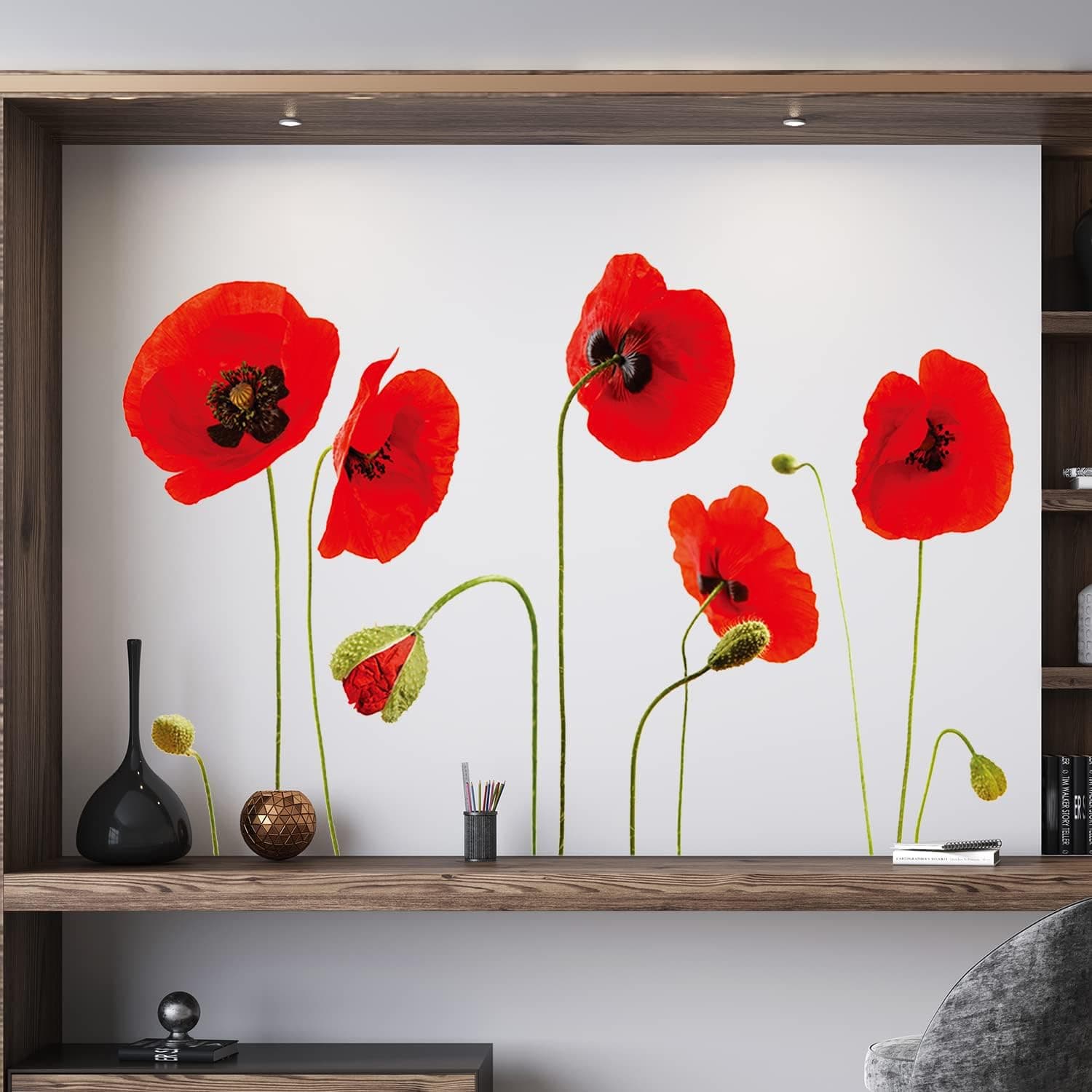 Wall Stickers Red Poppy Flowers Wall Art Home Office Self-Adhesive Decals Vinyl Nursury Children Kids Bedroom Decors Gift DIY Café Hotel Stick on Wall Transfer