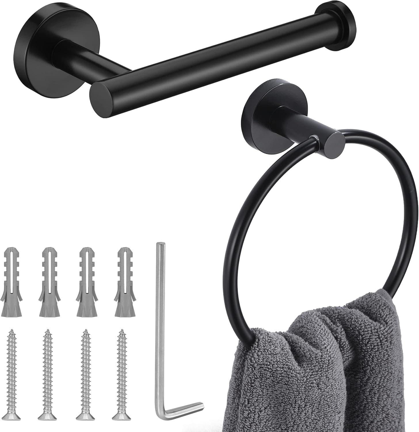 Matte Black Toilet Paper Holder and Hand Towel Ring Set 2 Pieces Bathroom Hardware Accessories Set SUS304 Stainless Steel Heavy Duty Wall Mounted Bathroom Holder…