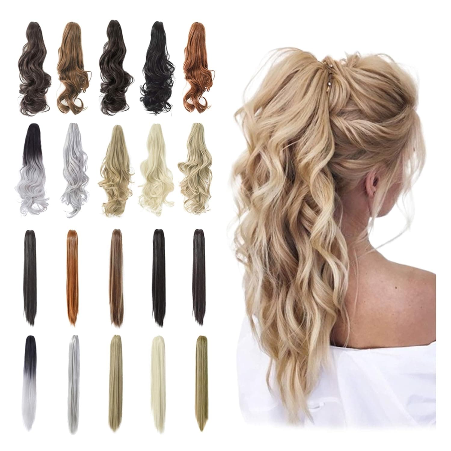 Qunlinta Ponytail Extension Hair Extensions Ponytail 18" 20" Claw Curly Wavy Ponytail Extension Straight Clip in Ponytail Extension Synthetic Hairpiece Ash Blonde Mix Light Brown
