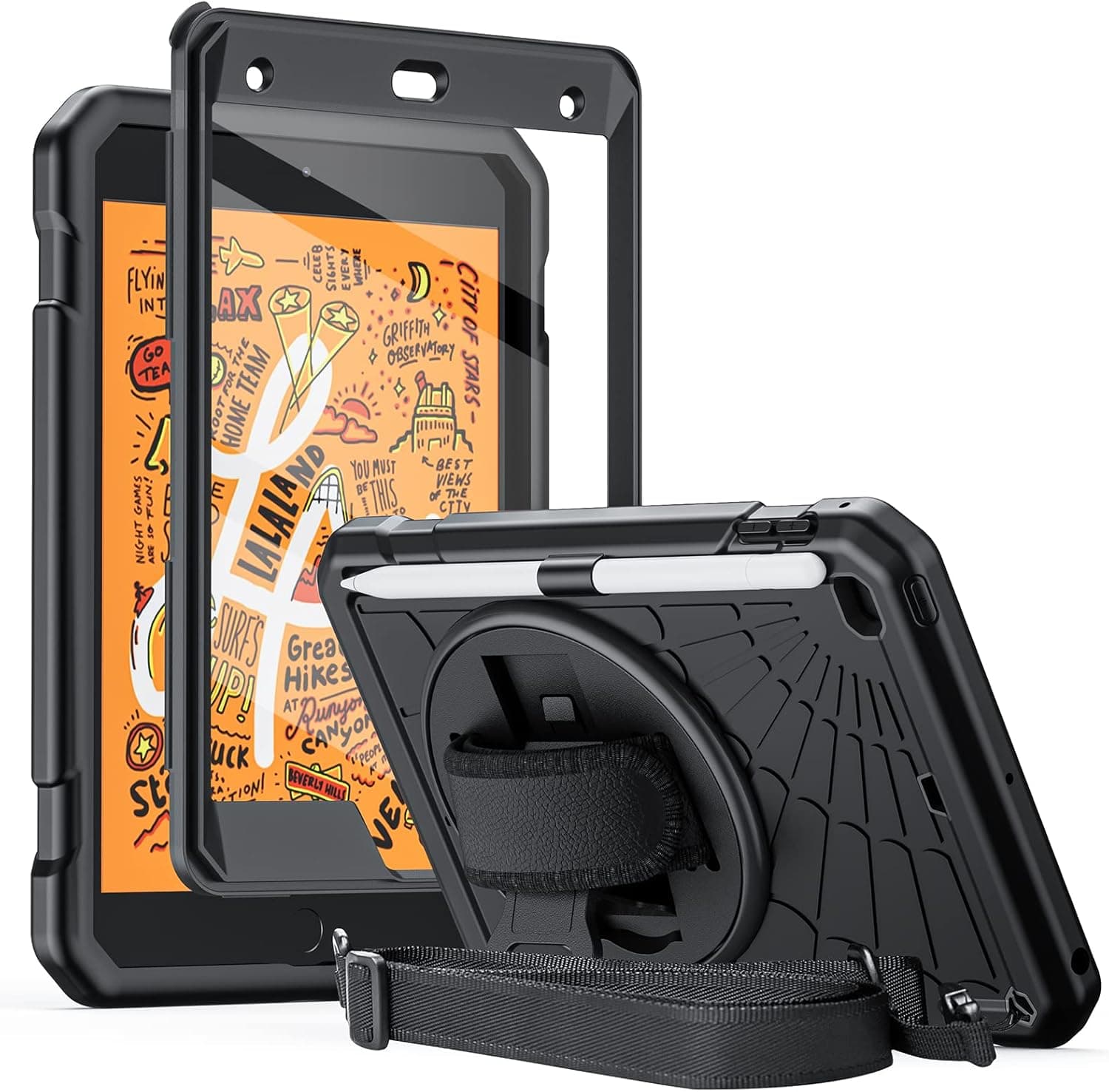 Herize iPad Mini 4/5 Case with Screen Protector | iPad Mini 5th/4th Generation Case for Kids | Shockproof Durable Rugged Cover W/Kickstand Hand Strap Shoulder Strap for iPad Mini 4/5 7.9 Inch | Black