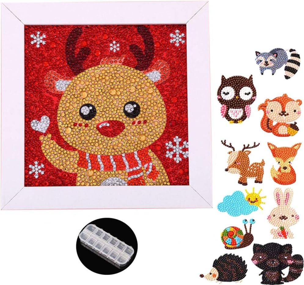 MEDOSO 5D DIY Diamond Painting Kits for Kids Children Cute Christmas Reindeer Full Drill(with Frame) +10 PCS Animal Stickers + Storage Boxes Plastic Container with dividers 12grids