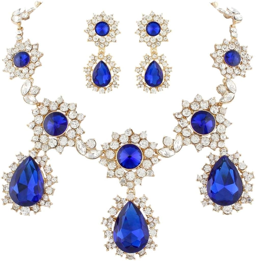 EVER FAITH Austrian Crystal Wedding Flower Teardrop Necklace Earrings Set Sapphire Color Gold-Tone