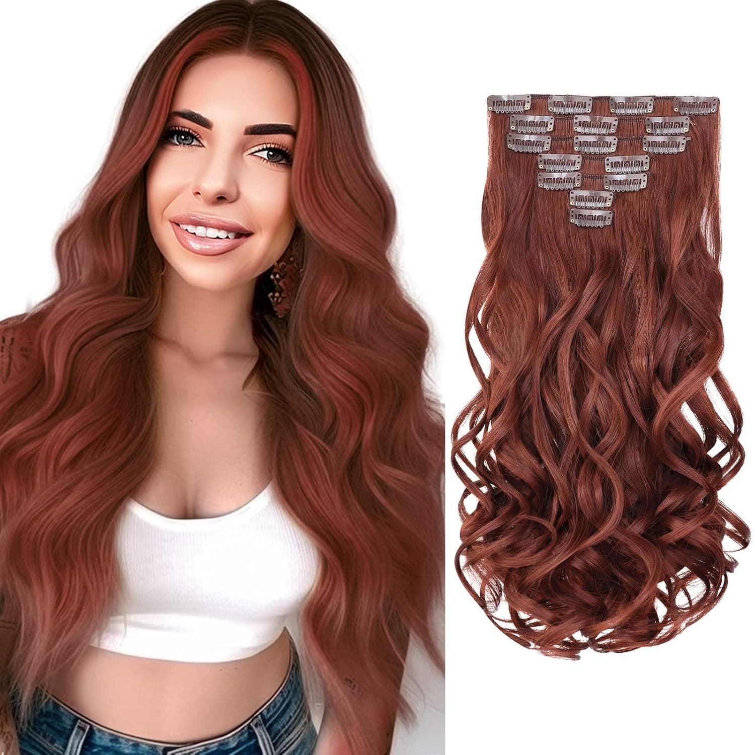 Auburn Hair Extensions,Clip in Hair Extensions for Women,Soft & Natural,Long Wavy Curly Long Synthetic Hairpieces 18" 5 Oz Thick Hairpieces for Women Full Head
