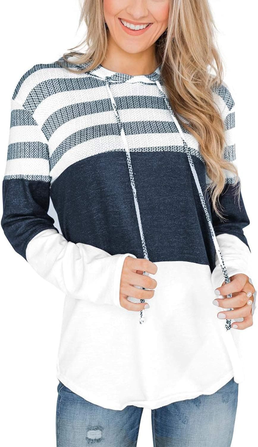 KINGFEN Womens Color Block Striped Hoodies Sweaters Long Sleeve Drawstring Pullover Tops Sweatshirts