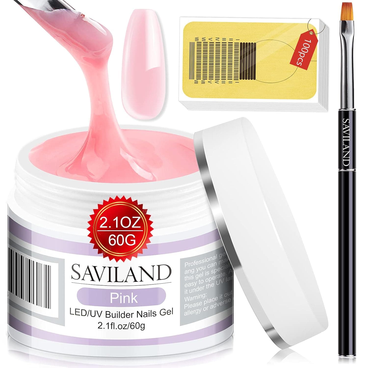 Saviland Builder Nail Gels Kit - 60g Pink Nail Extension Gel Kit Nail Strengthen Hard Gel Nail Manicure Kit with 100pcs Nail Forms & Nail Brush for Repair Nails Art Design