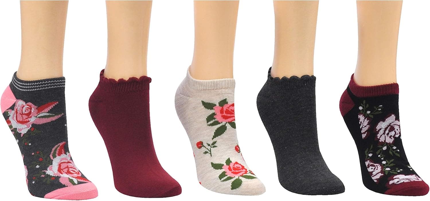 Everything Legwear Sock House Co. Women's Floral Lowcut Socks (5 Pair) - Flower Print Solid Ruffle Lettuce Cuff - Fits Ladies Shoe Size 4-10
