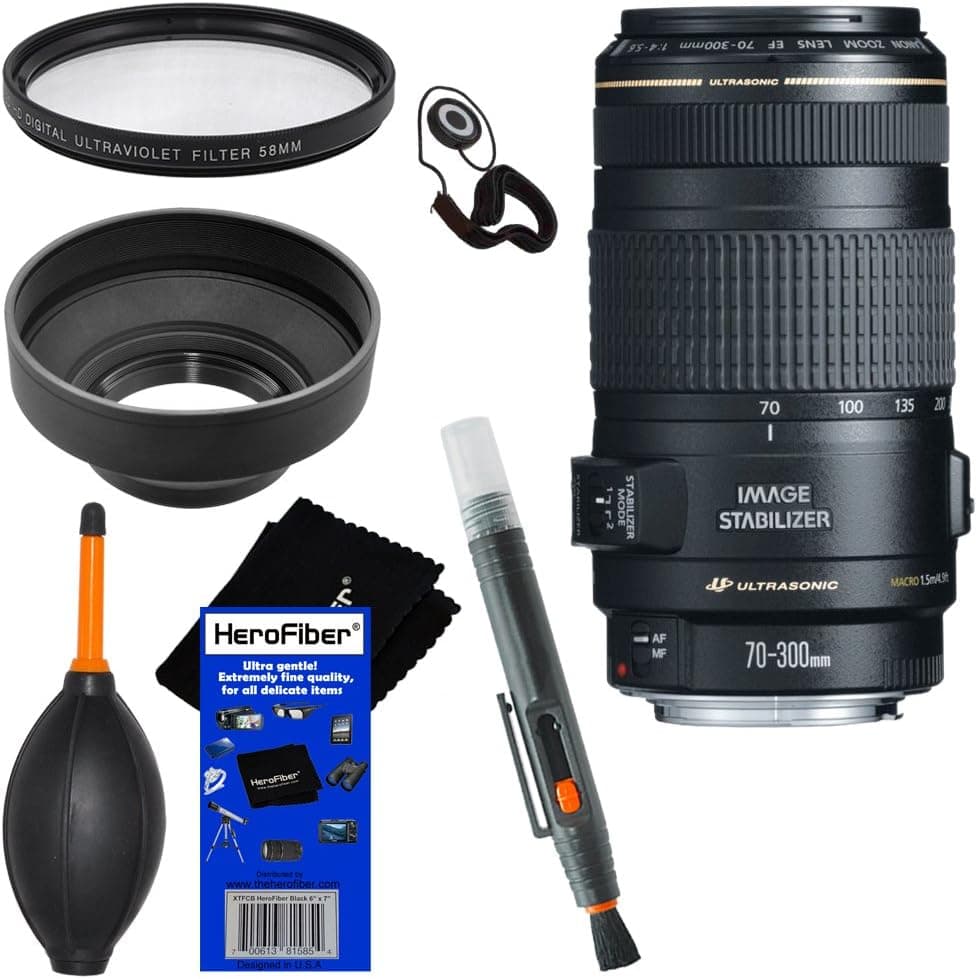 Canon EF 70-300mm f/4-5.6 IS USM Telephoto Zoom Lens for Canon EOS 1D, 1DS, 5D Mark II/III, 6D, 7D, 40D, 60D, EOS Rebel SL1, T1i, T2i, T3, T3i, T4i, T5i, XS, XSi, XT, & XTi Digital SLR Cameras + 6pc Bundle Accessory Kit