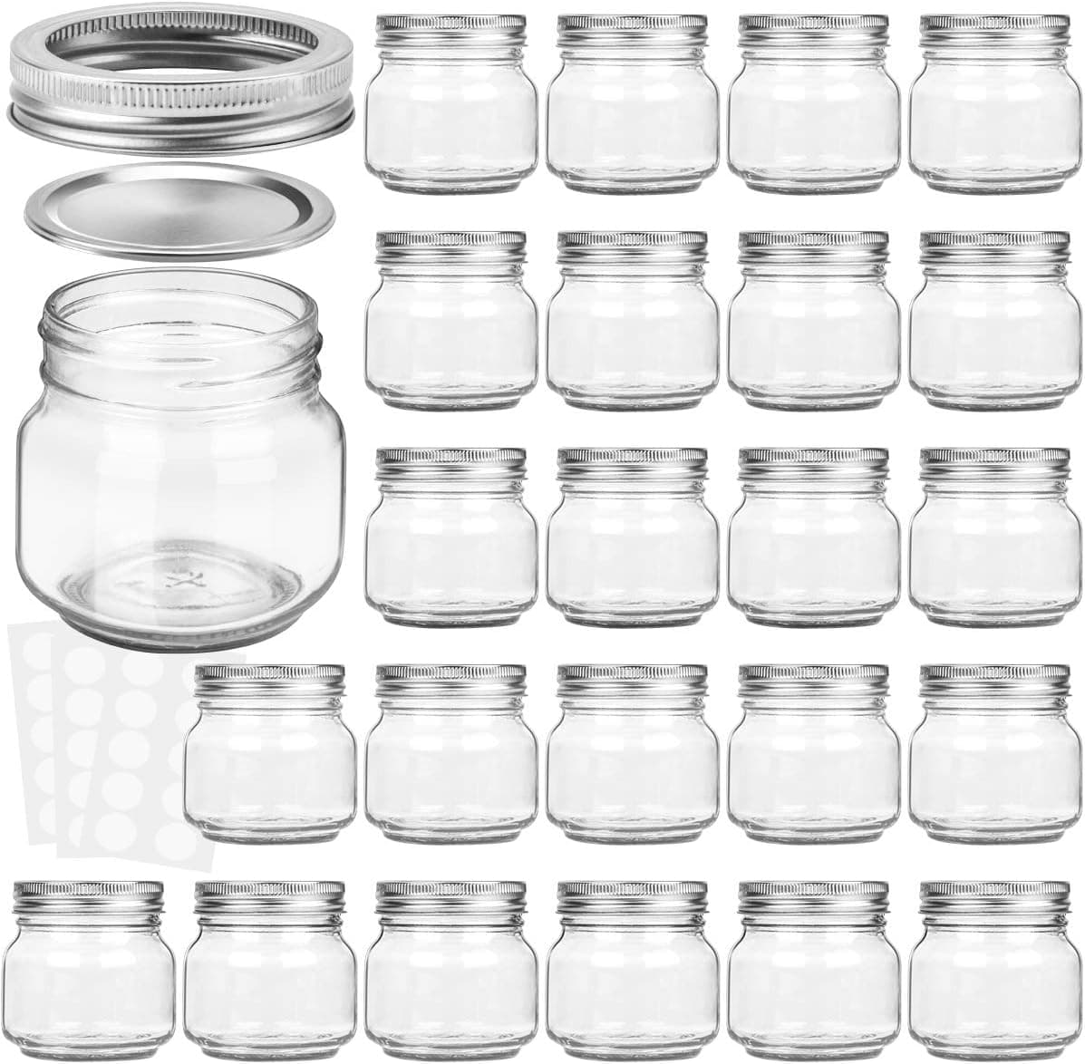 KAMOTA Mason Jars 8 oz With Regular Silver Lids and Bands, Ideal for Jam, Honey, Wedding Favors, Shower Favors, DIY Spice Jars, 24 PACK, 30 Whiteboard Labels Included