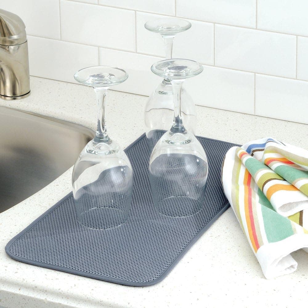 mDesign Free Standing Wine Glass Drying Rack and Mini Dish Mat for Kitchen Countertops - Set of 2, Satin/Pewter