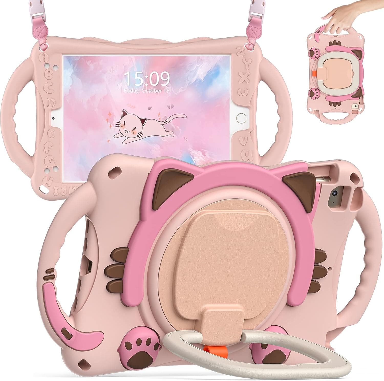 BATYUE Case for iPad Mini 5/4/3/2/1, iPad Mini Case for Kids with Rotating Stand/Pencil Holder/Carrying Strap, Non-Toxic & eco-Friendly Silicone Childproof,Cute Cat Case for Kids Boys Girls (Pink)