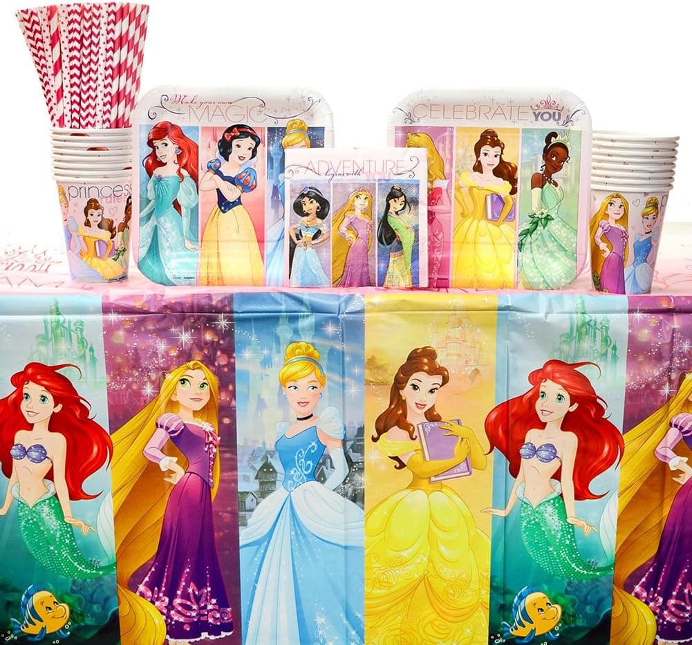 Princess Dream Big Party Supplies Pack for 16 Guests: Straws, Dessert Plates, Beverage Napkins, Table Cover, and Cups