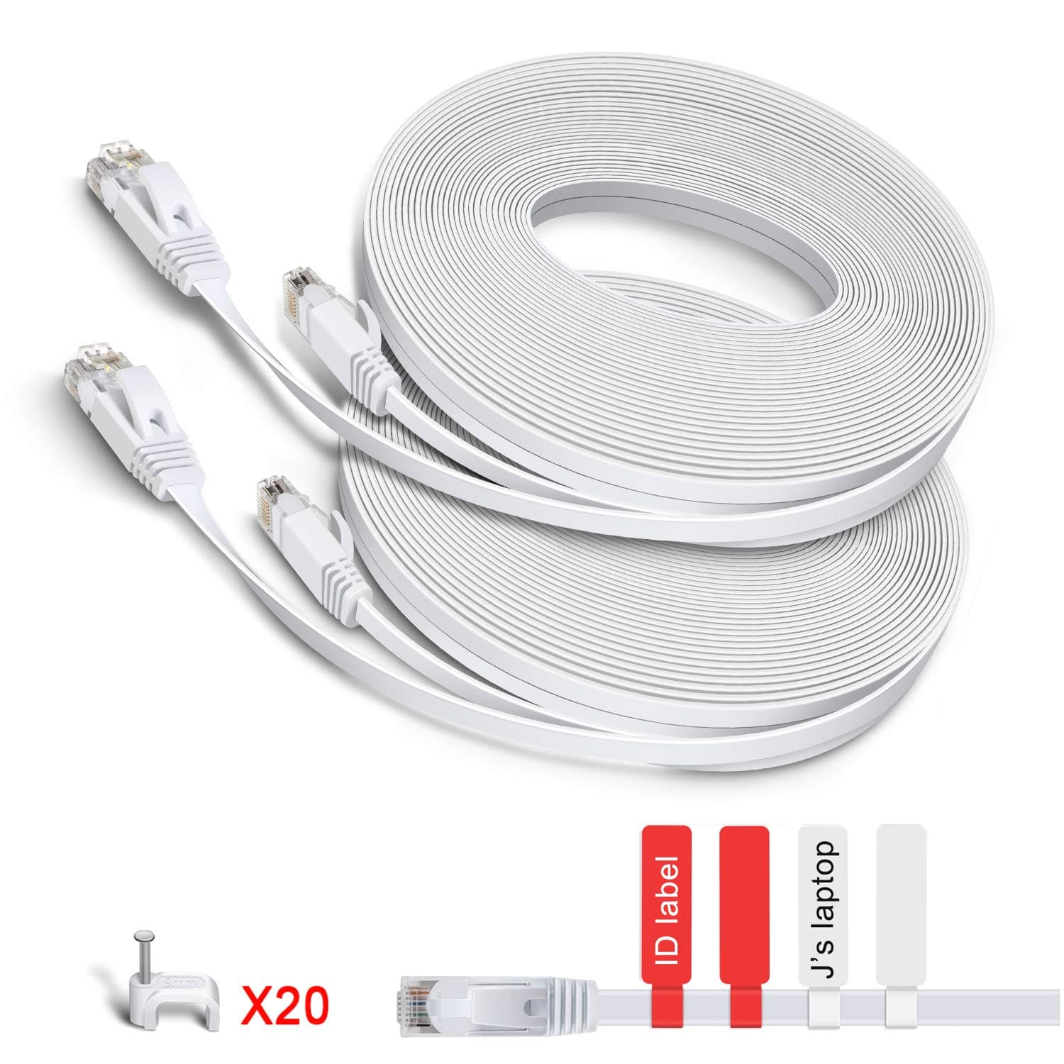 Cat 6 Ethernet Patch Cable Flat 25ft(2 Packs With Nails and Labels),Fast than Cat5e/Cat5,Short Network Cat6 Cable,25 ft Slim Internet Cable Computer/Gaming Ethernet Cord Snagless RJ45 Connectors White