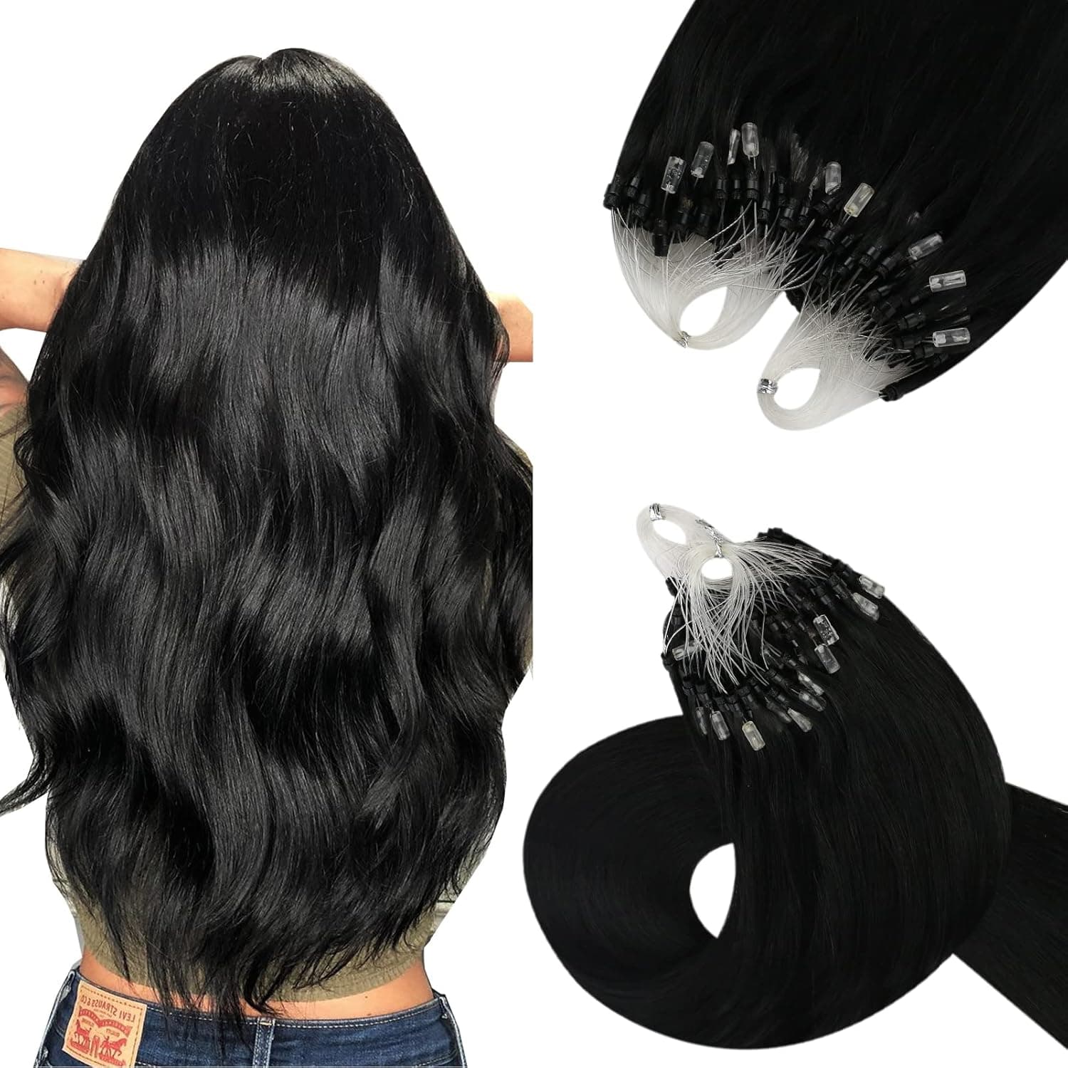 YoungSee Black Micro Hair Extensions Human Hair 22inch Micro links Human Hair Extensions Jet Black #1 Invisible Micro Ring Human Hair Extensions for Black Women 1g/s 50strands