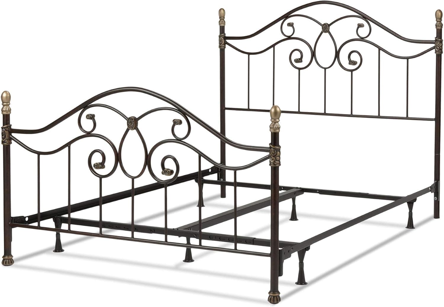 Leggett & Platt Dynasty Complete Metal Bed and Steel Support Frame with Camelback Arches and Soft Gold Highlighted Castings, Autumn Brown Finish, Queen