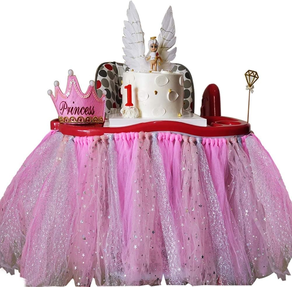 Sfirey High Chair Decoration for 1st Birthday Party, Tulle Baby Table Skirt, Girl First Party Supplies (Pink)