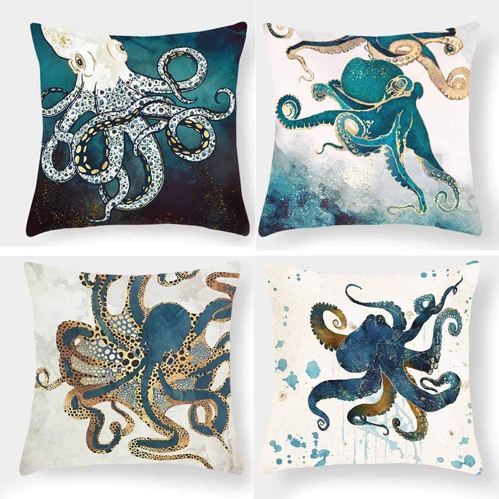 Eleroye Pack of 4 Decorative Octopus Throw Pillow Covers Navy Blue Octopus Sea Animals Watercolors Underwater World 18 x 18 Spring Fall Home Decor Zippered Cushion Cover Pillowcase Room Couch Bed