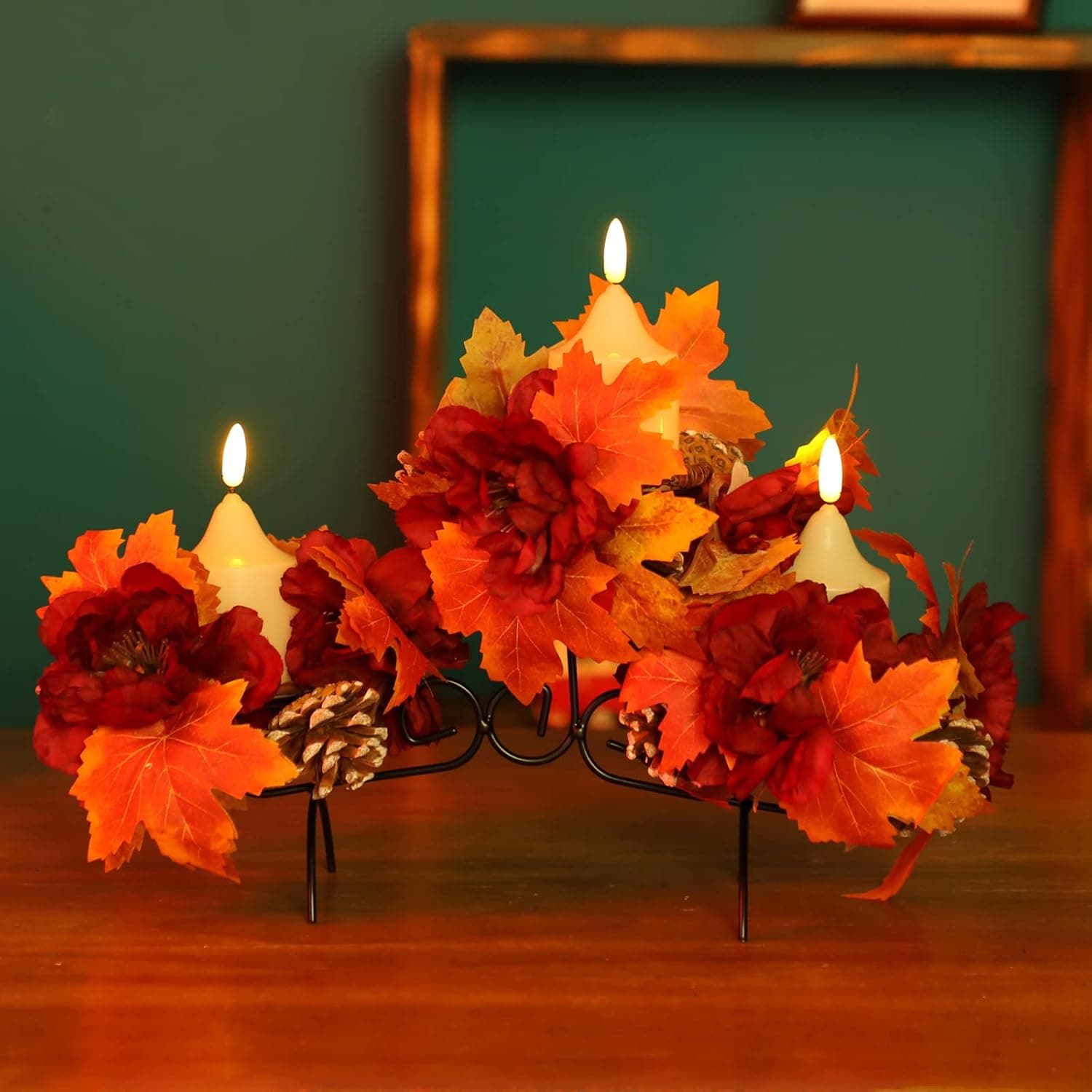 Zhengmy Thanksgiving Fall Maple Leaves Candle Holder Black Iron Stand Scroll Candle Holder Fall Centerpiece Mantle Candelabra with 3 Pcs Flameless Votive Candles Led Pillar Candles