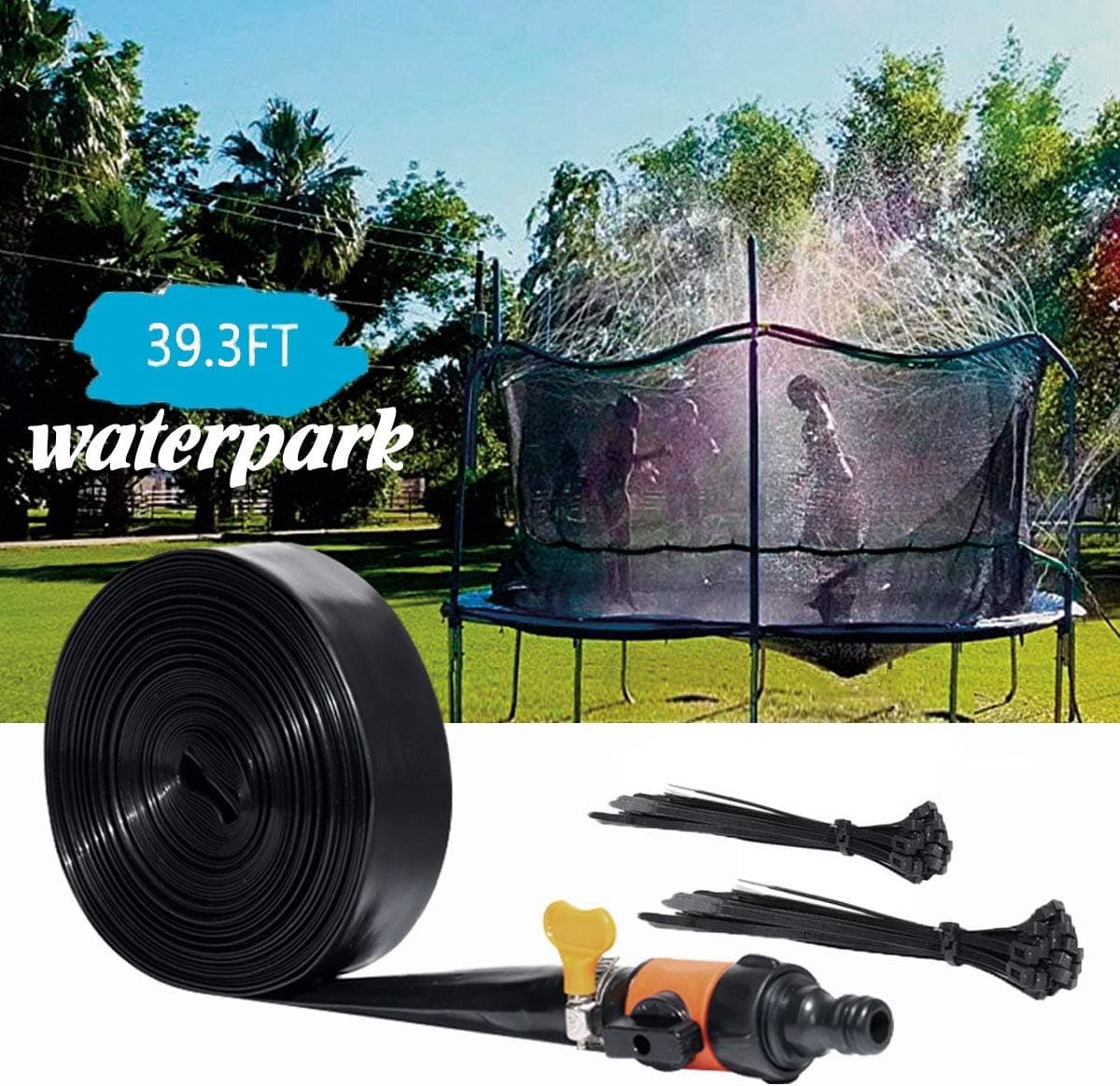 KLSwag Trampoline Sprinkler, Outdoor Water Play Sprinklers for Kids Fun Water Park Summer Games Yard Toys Sprinkler Trampoline Accessories (39.3ft/12M/Black)