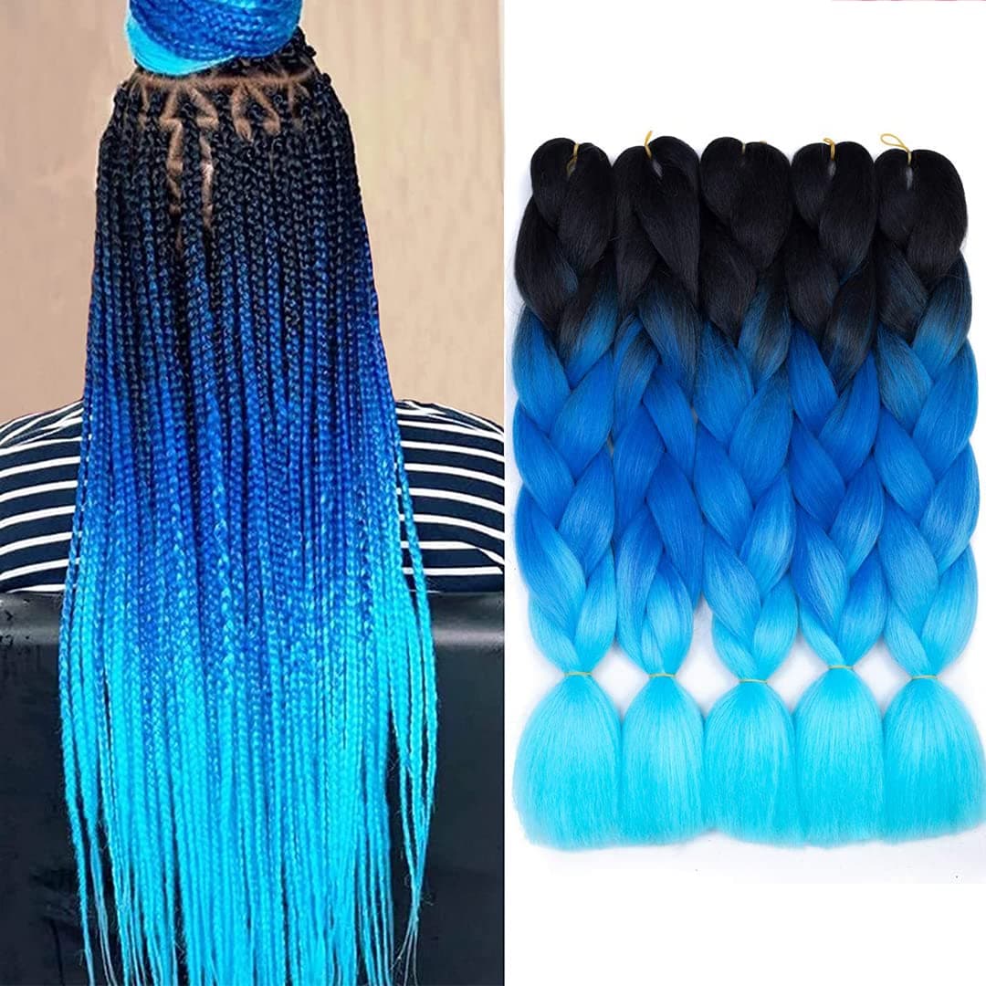 Ombre Braiding Hair Kanekalon Synthetic Braiding Hair Extensions 5pcs/lot 24inch Jumbo Braiding Hair (Black-Dark blue-Light blue)