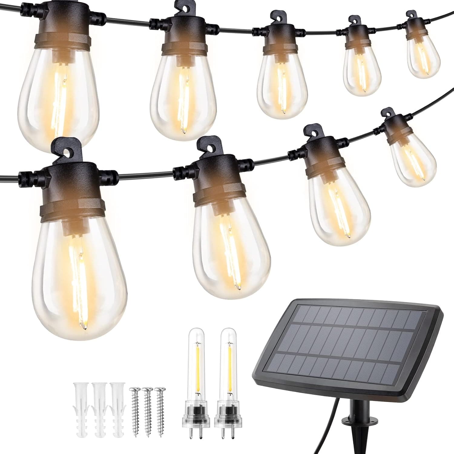 Solar Outdoor String Lights 50FT IP65 Commercial Grade Waterproof Patio Lights with 4 Lighting Modes and 15 Shatterproof Bulbs (2 Extra Spares), Pretty Suitable for Patio Backyard Porch Garden Bistro