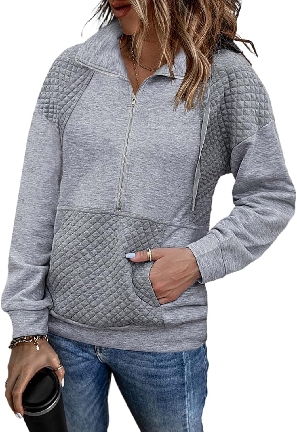 SHEWIN Women's Casual Long Sleeve Lapel Drawstring Half Zip Sweatshirt Quilted Pullover Tops