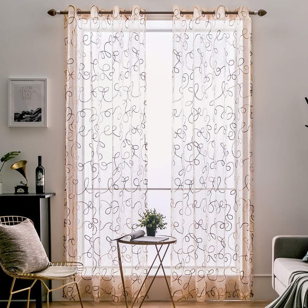 MIULEE 2 Panels Embroidered Sheer Window Curve Design Grommet Curtains Window Voile Panels/Drape/Treatment for Bedroom Living Room (54X63 Inch Brown)